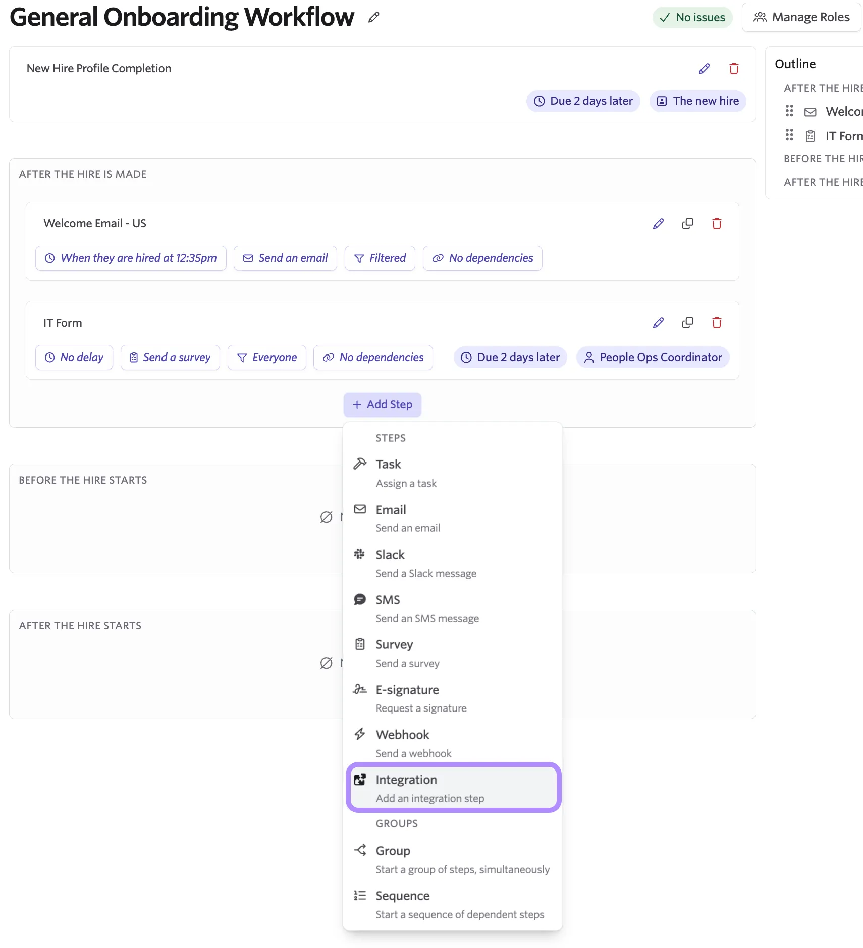 Screenshot showing the Add Step dropdown with the Integration option highlighted