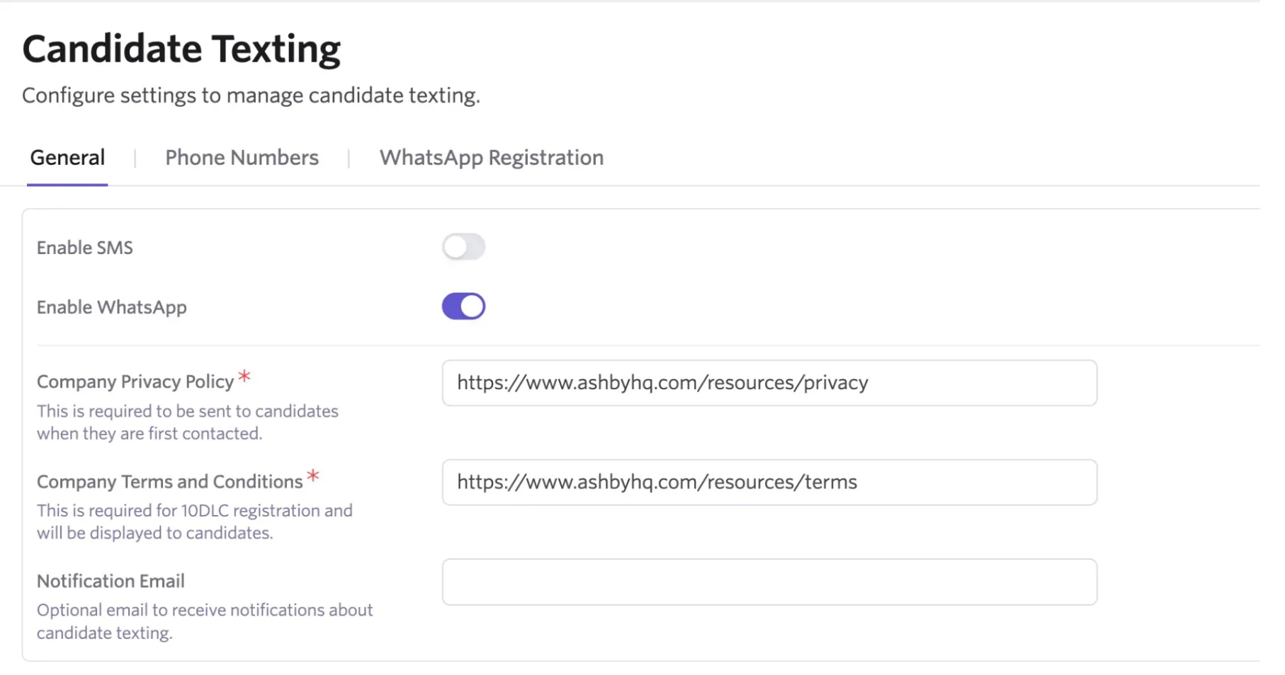 The screenshot shows the Enable WhatsApp option switched on, along with the options to add a company privacy policy, terms and conditions and the option to set a notification email address. The screenshot shows the Enable WhatsApp option switched on, along with the options to add a company privacy policy, terms and conditions and the option to set a notification email address.