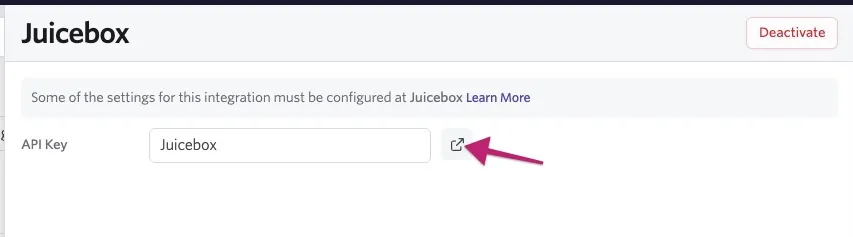Juicebox integration settings showing the API Key field with an external-link icon highlighted by a pink arrow. Juicebox integration settings showing the API Key field with an external-link icon highlighted by a pink arrow.