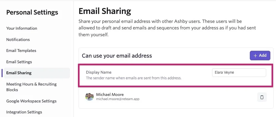 Email Sharing settings with the Display Name field highlighted, allowing you to customize the sender name shown on emails sent from your address. Email Sharing settings with the Display Name field highlighted, allowing you to customize the sender name shown on emails sent from your address.