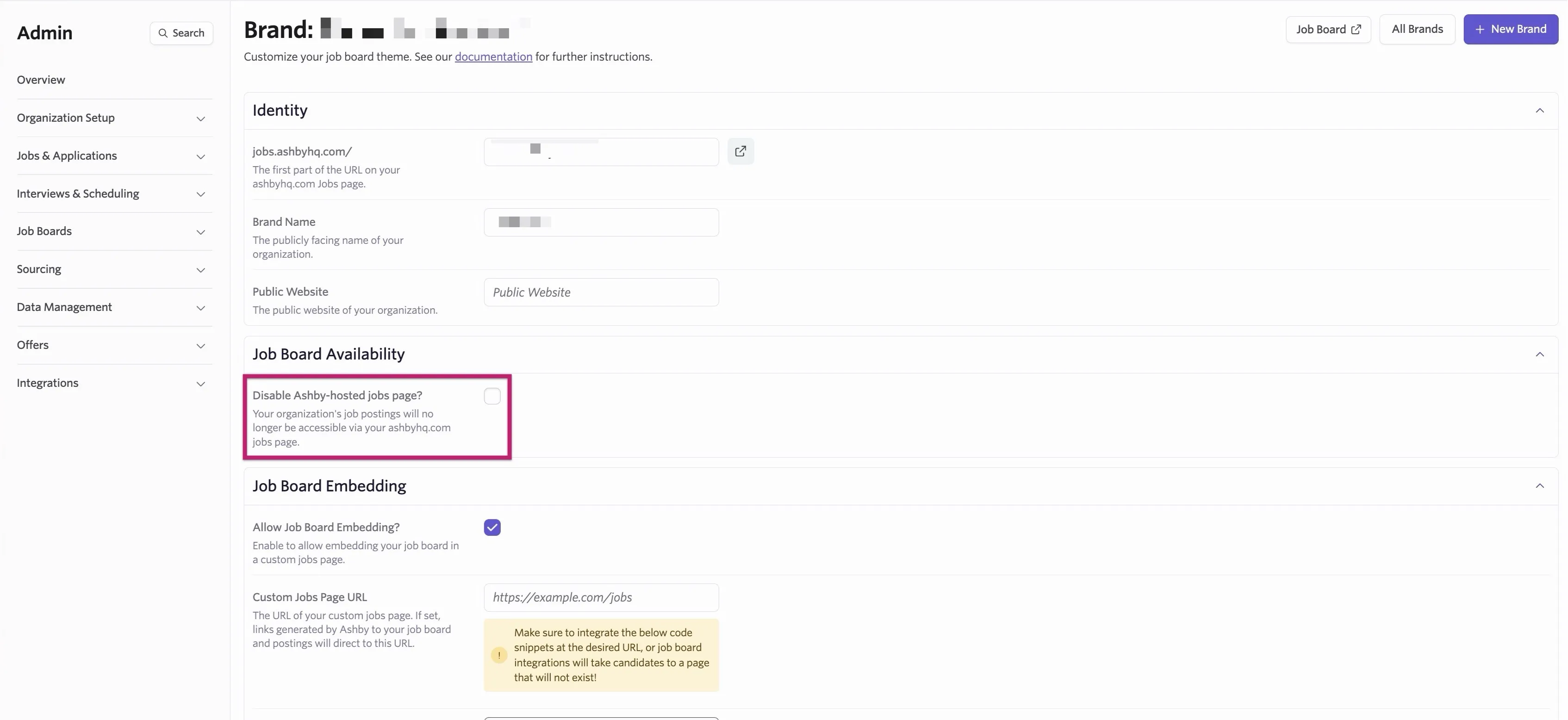The Disable Ashby-hosted job page? checkbox