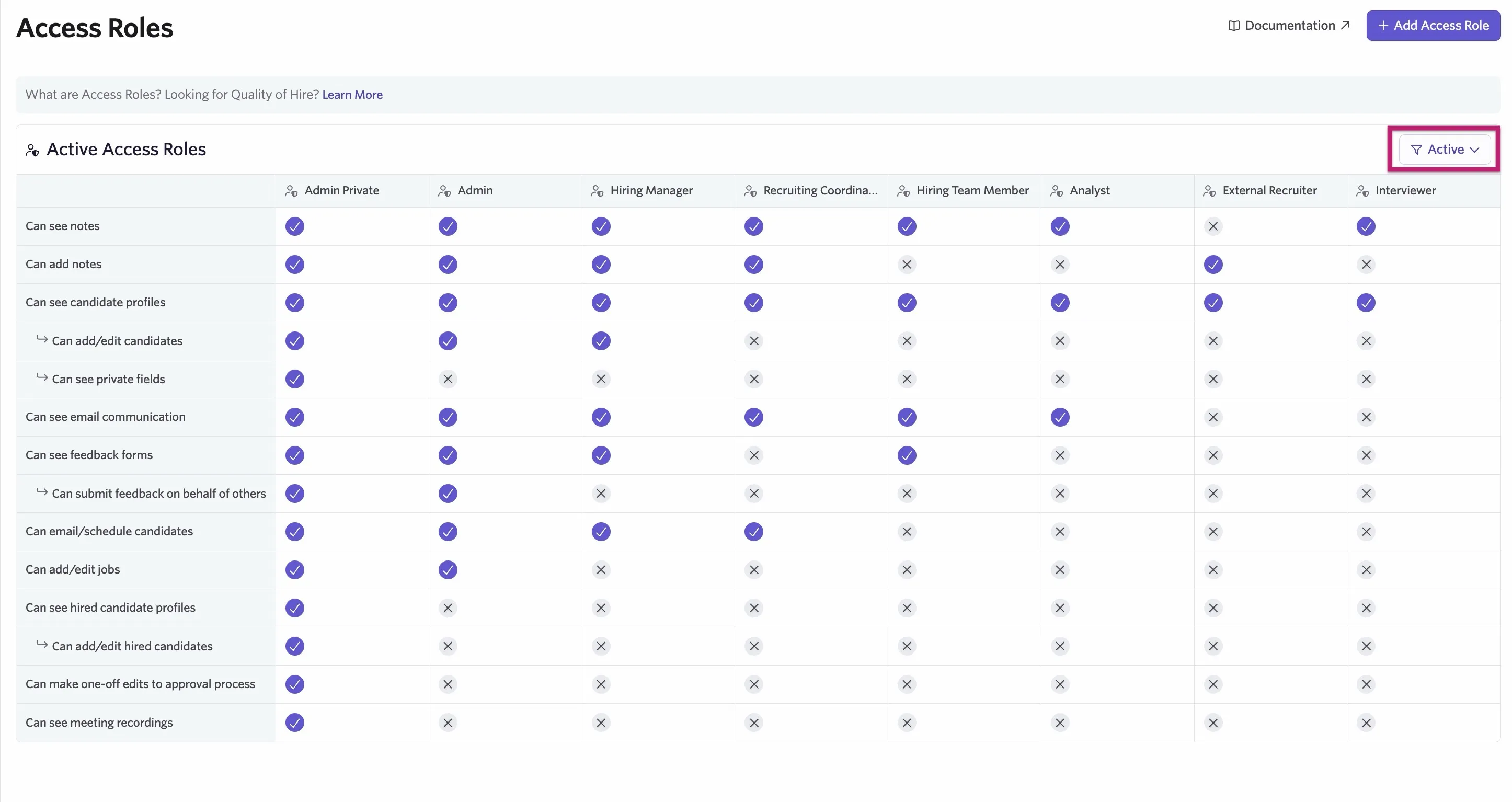 The Active drop-down for access roles.