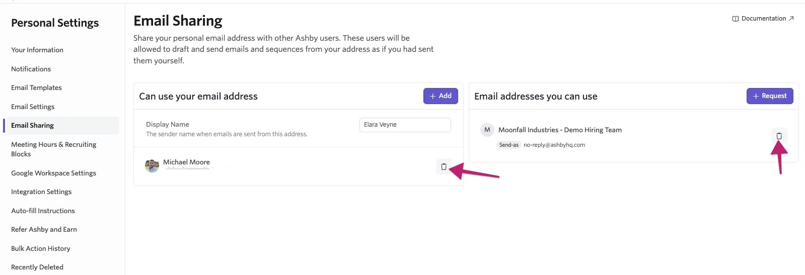 Email Sharing settings with arrows highlighting the trash icons used to remove a user’s access to your email address or revoke your access to another shared email address. Email Sharing settings with arrows highlighting the trash icons used to remove a user’s access to your email address or revoke your access to another shared email address.