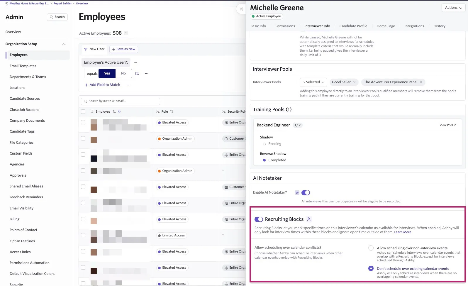 Employee interviewer information showing the Recruiting Blocks preference. Employee interviewer information showing the Recruiting Blocks preference.