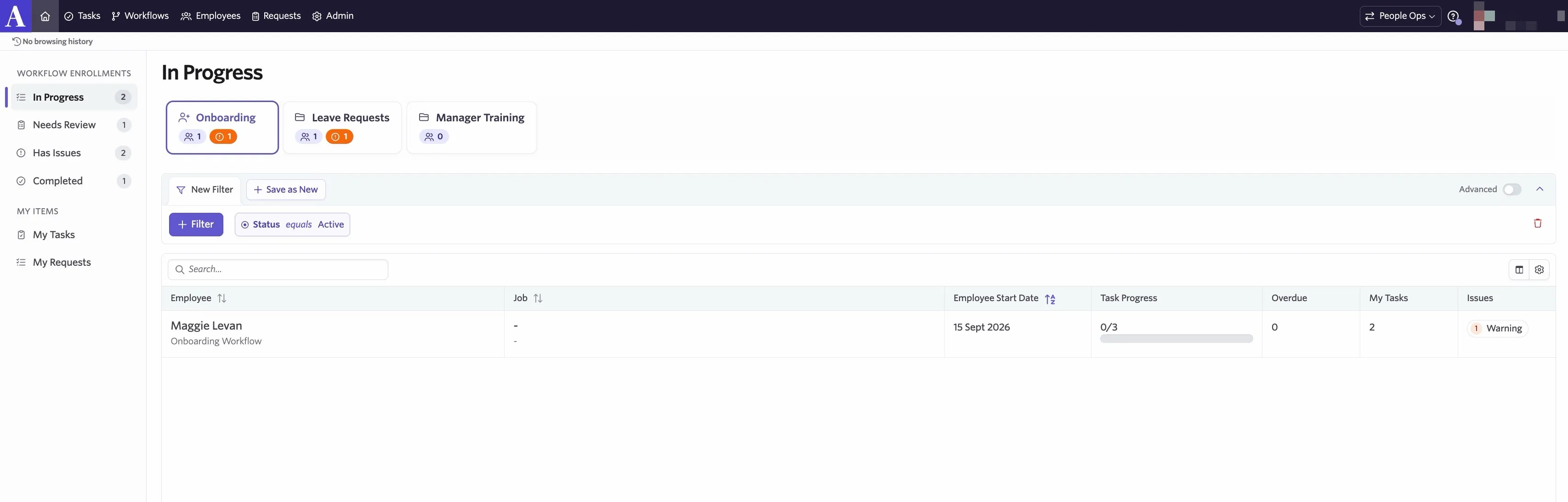 The screenshot shows the Home page, open to Onboarding workflows with the In Progress status.