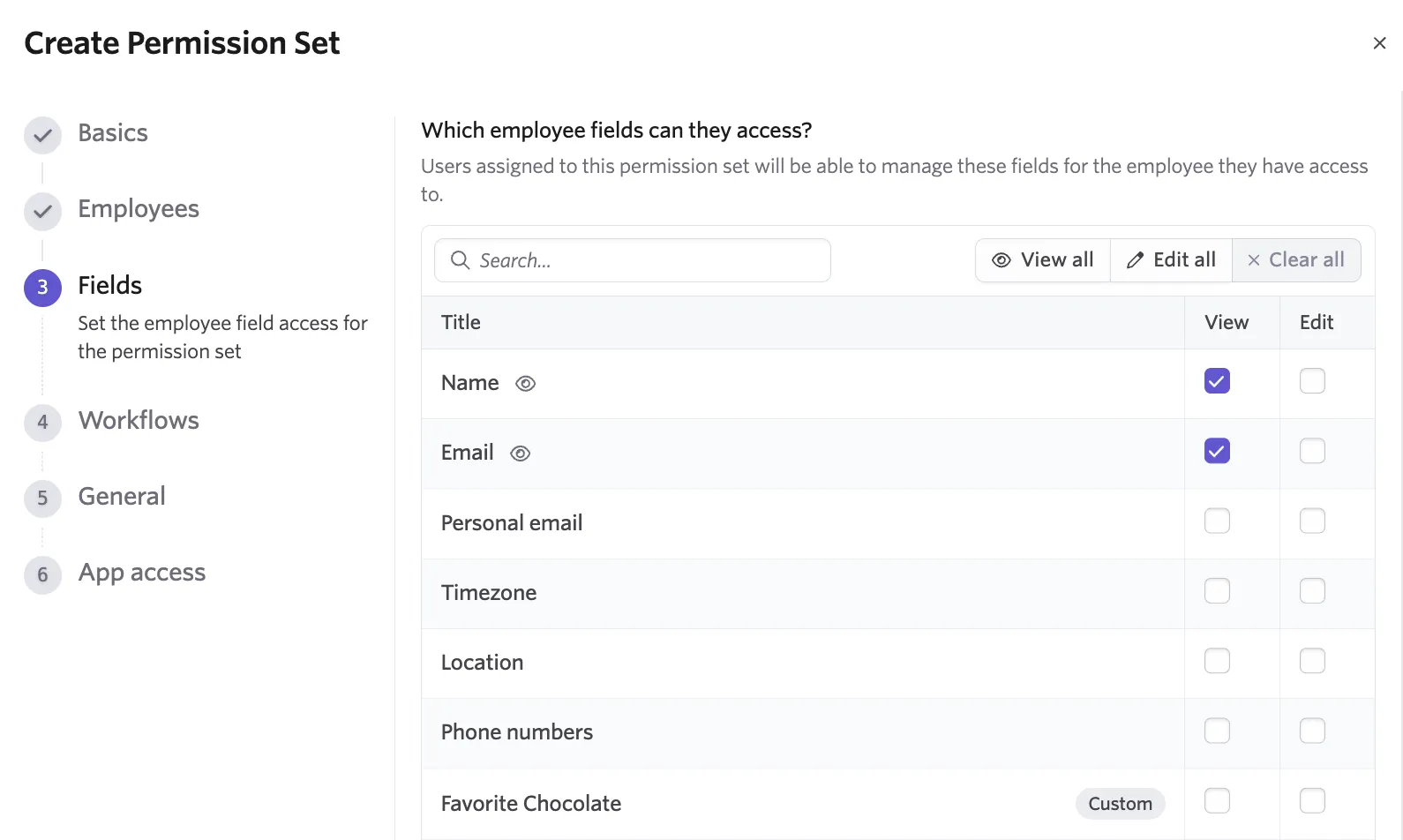 Screenshot of the Fields step in the permission set builder