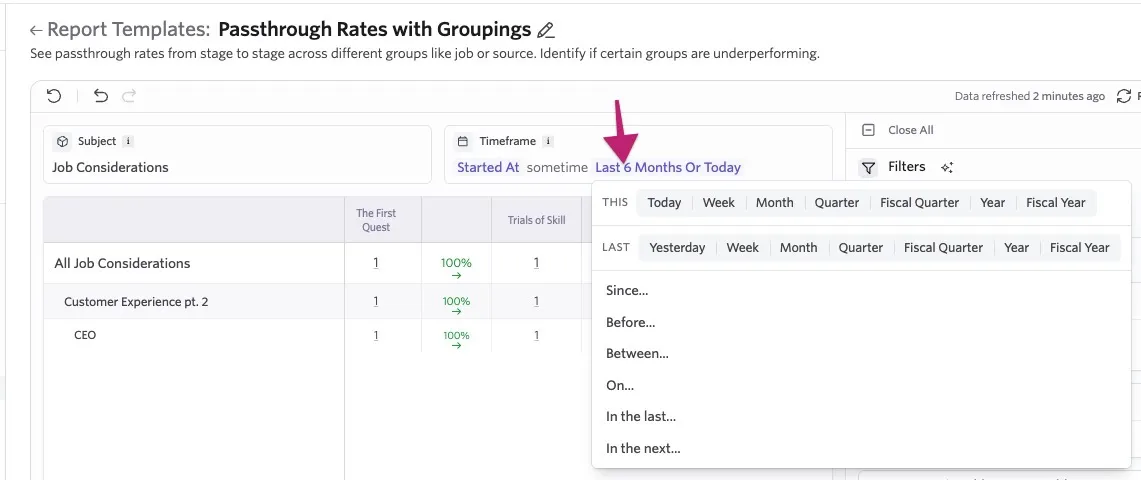 Ashby Passthrough Rates with Groupings report showing the timeframe menu, with options for calendar and fiscal quarters and years.