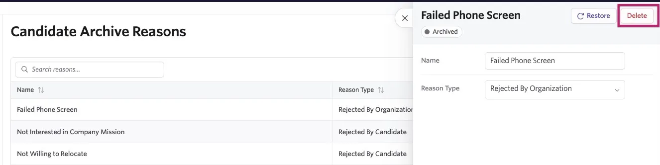 Candidate Archive Reasons settings page with the archived "Failed Phone Screen" reason selected. The details panel shows its Reason Type as "Rejected By Organization," with Restore and Delete options available and the Delete button highlighted. Candidate Archive Reasons settings page with the archived "Failed Phone Screen" reason selected. The details panel shows its Reason Type as "Rejected By Organization," with Restore and Delete options available and the Delete button highlighted.