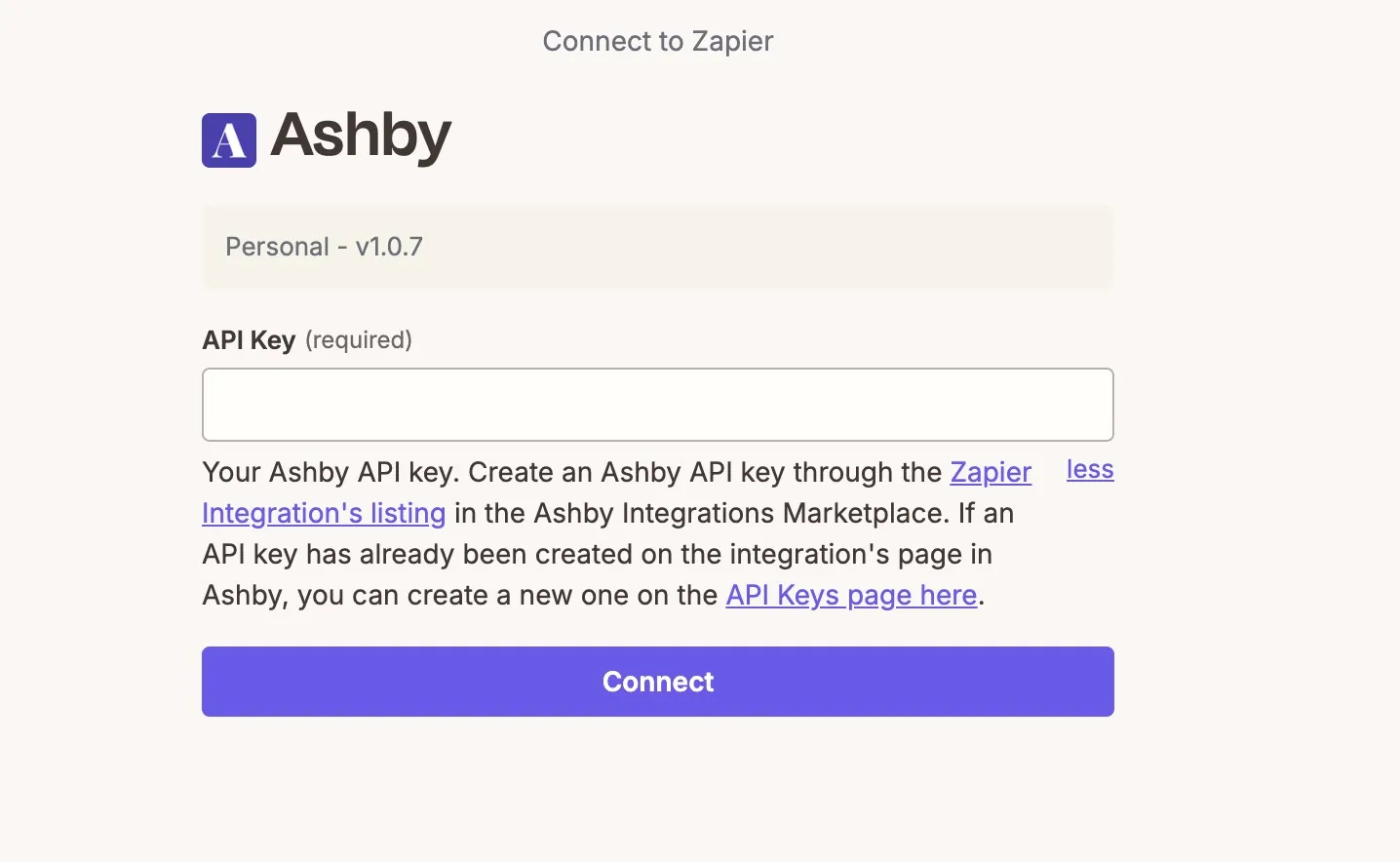 The Connect to Zapier screen asking for an API key. The Connect to Zapier screen asking for an API key.