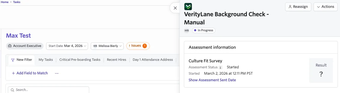 Screenshot showing an assessment integration workflow step with a status of In Progress