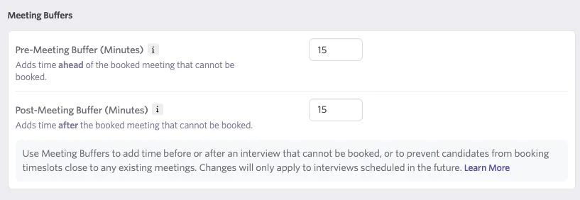 Meeting buffer settings for scheduling defaults. Meeting buffer settings for scheduling defaults.