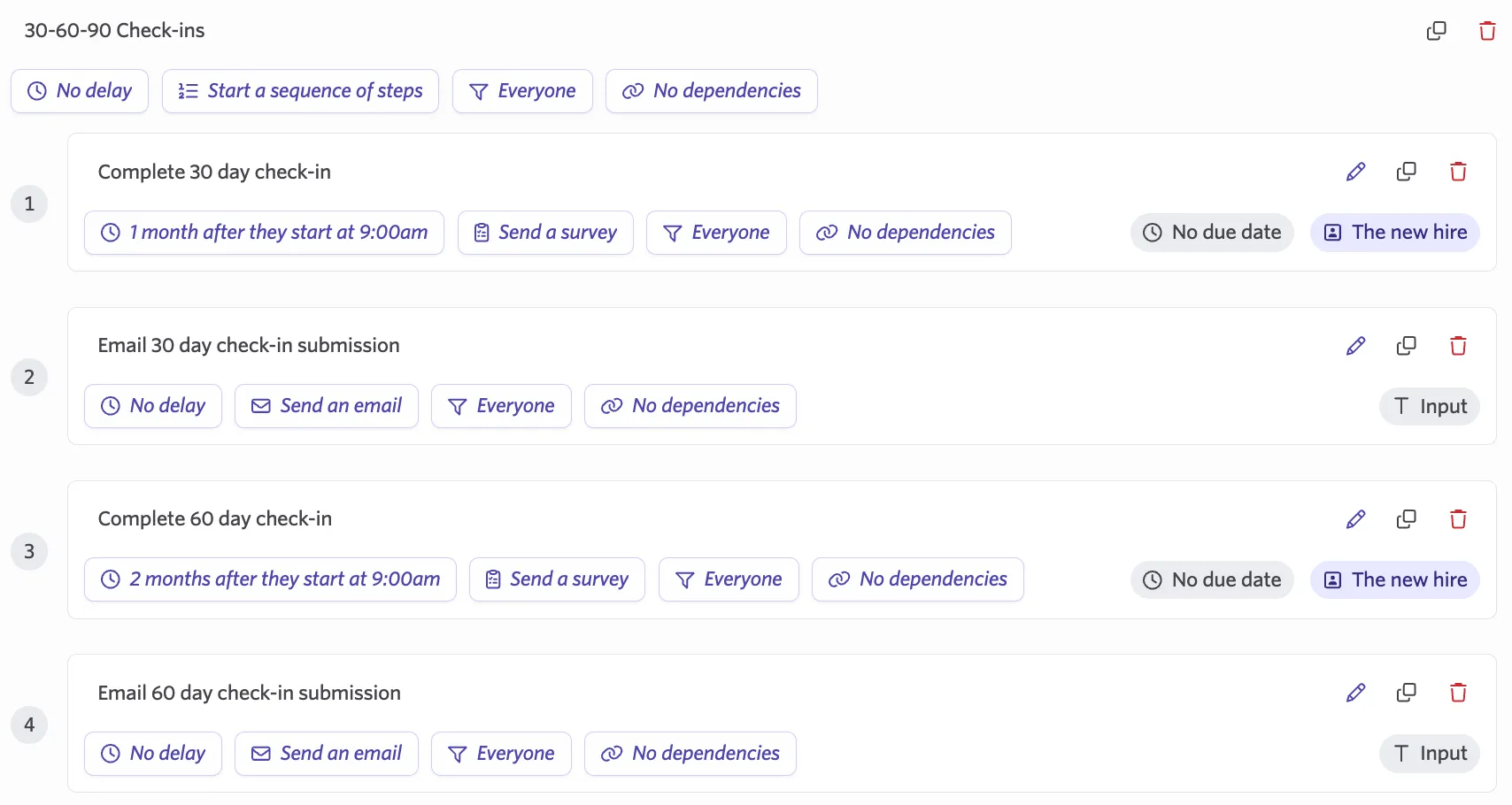 The screenshot shows a configured sequence with steps that need to be completed in order.