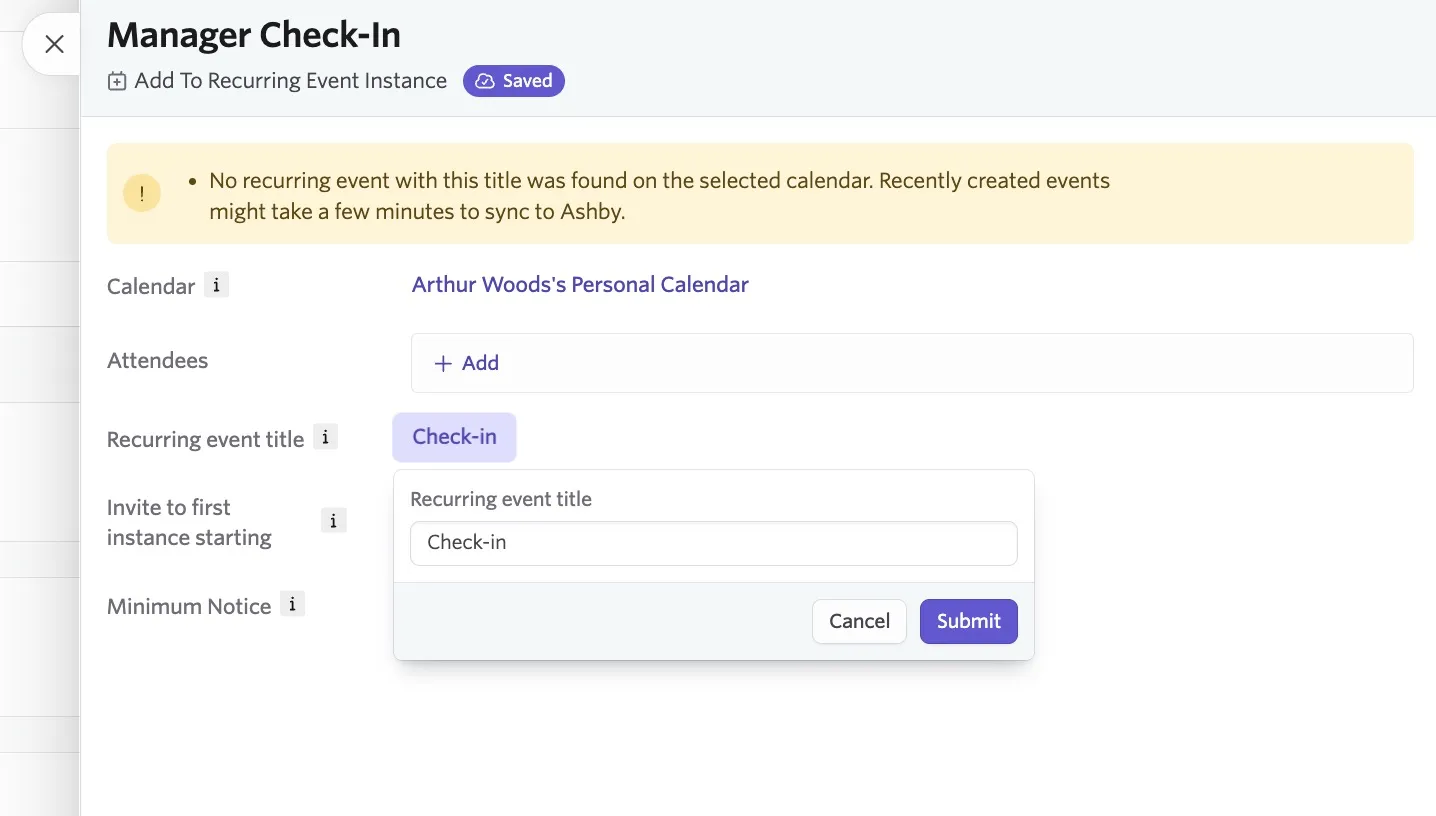 A recurring event title has been added to an event type and the warning message shows, indicating that recently created events might take a few minutes to sync to Ashby.
