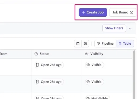 The screenshot shows the Create Job and Job Board buttons in the upper right.