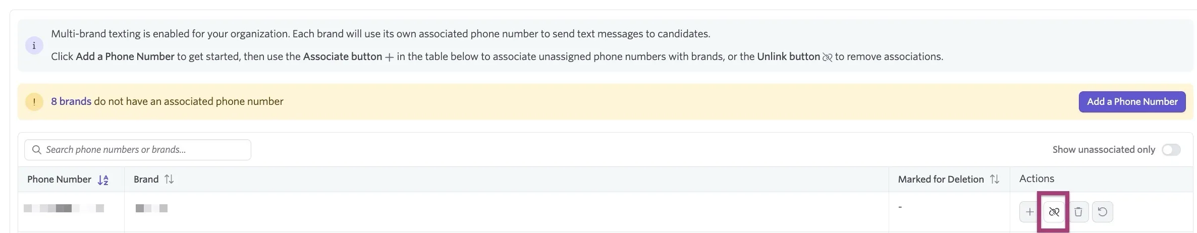 The Candidate Texting page with the option to remove brand association from a phone number highlighted. The Candidate Texting page with the option to remove brand association from a phone number highlighted.