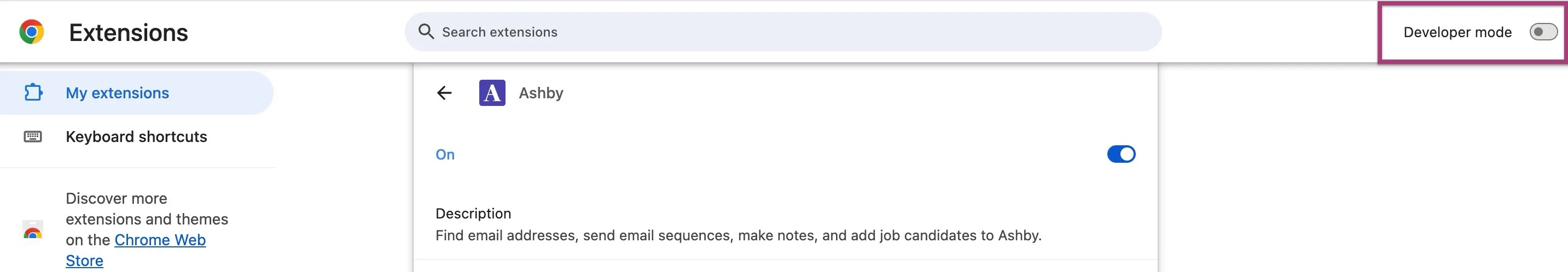 Screenshot of the Chrome Extensions page with Developer mode highlighted in the top-right corner Screenshot of the Chrome Extensions page with Developer mode highlighted in the top-right corner