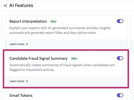 Screenshot showing the Candidate Fraud Signal Summary tile toggled on. Screenshot showing the Candidate Fraud Signal Summary tile toggled on.