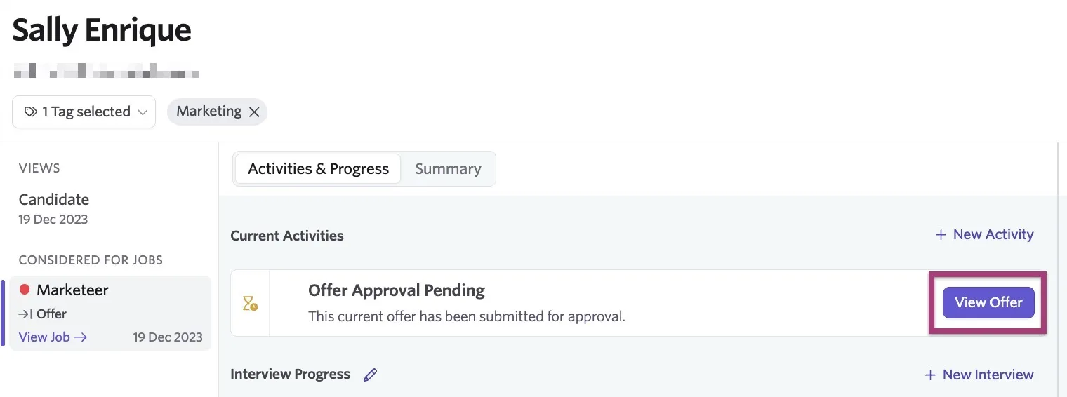Screenshot of the offer activity on a candidate profile with the View Offer button highlighted. Screenshot of the offer activity on a candidate profile with the View Offer button highlighted.