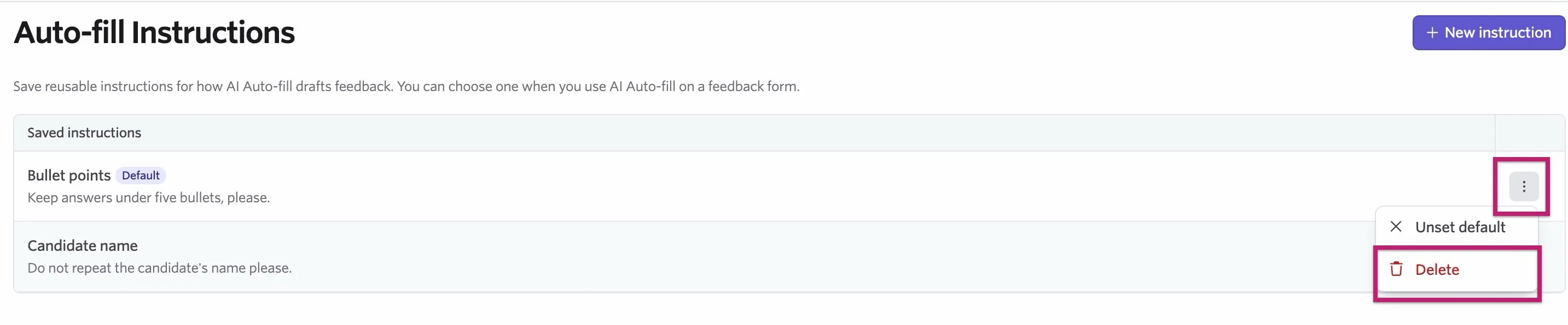 The three dots to the right of a custom instruction and the option to delete the instruction.