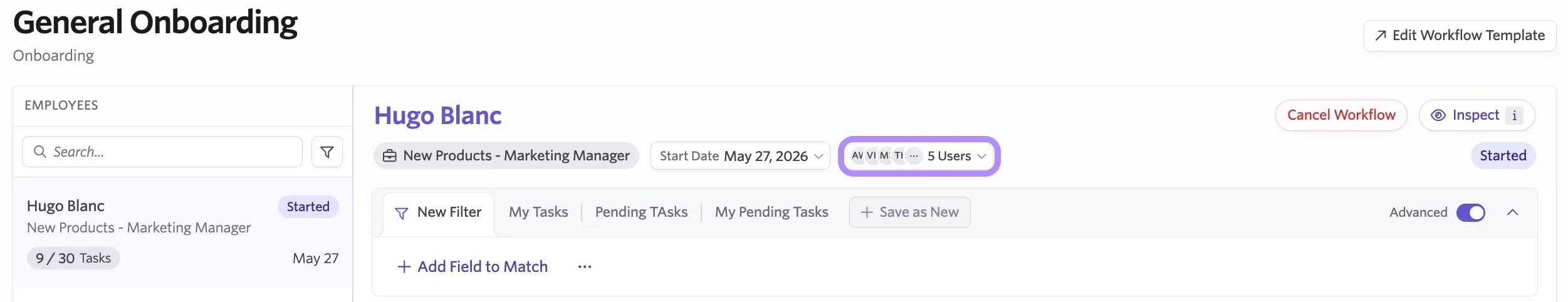 Screenshot of the employee's workflow view with assigned roles listed
