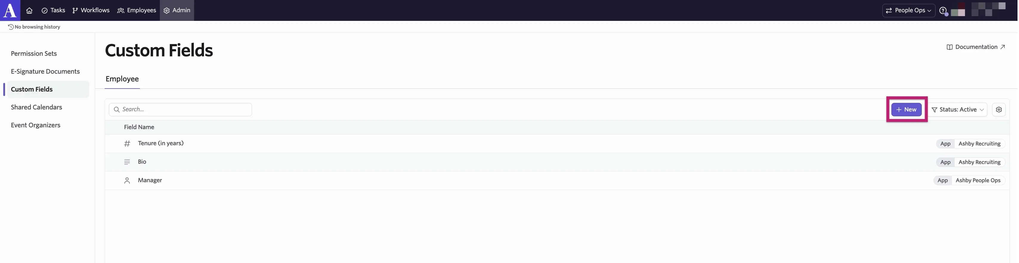 The Custom Fields page in People Ops with the New button highlighted.