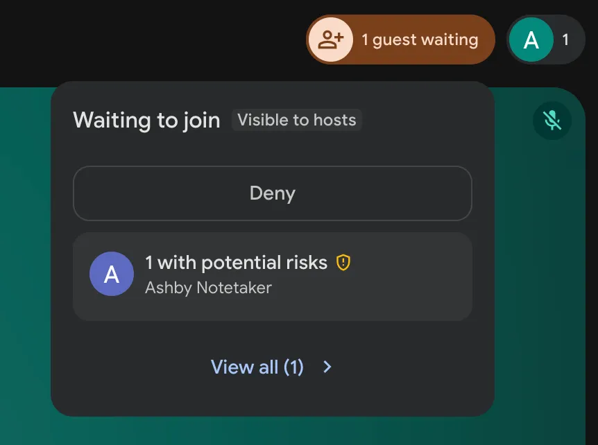 Screenshot of the Google Meet security warning pop-up for a participant bot with potential risks.