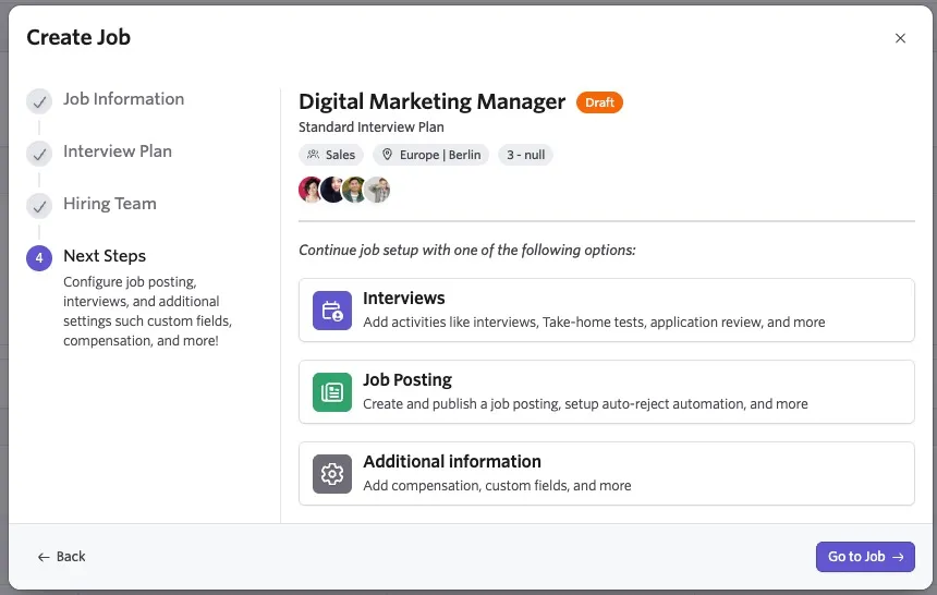 The screenshot shows the fourth step in the job wizard process, which gives options to set up interviews, the job posting, or additional information next.