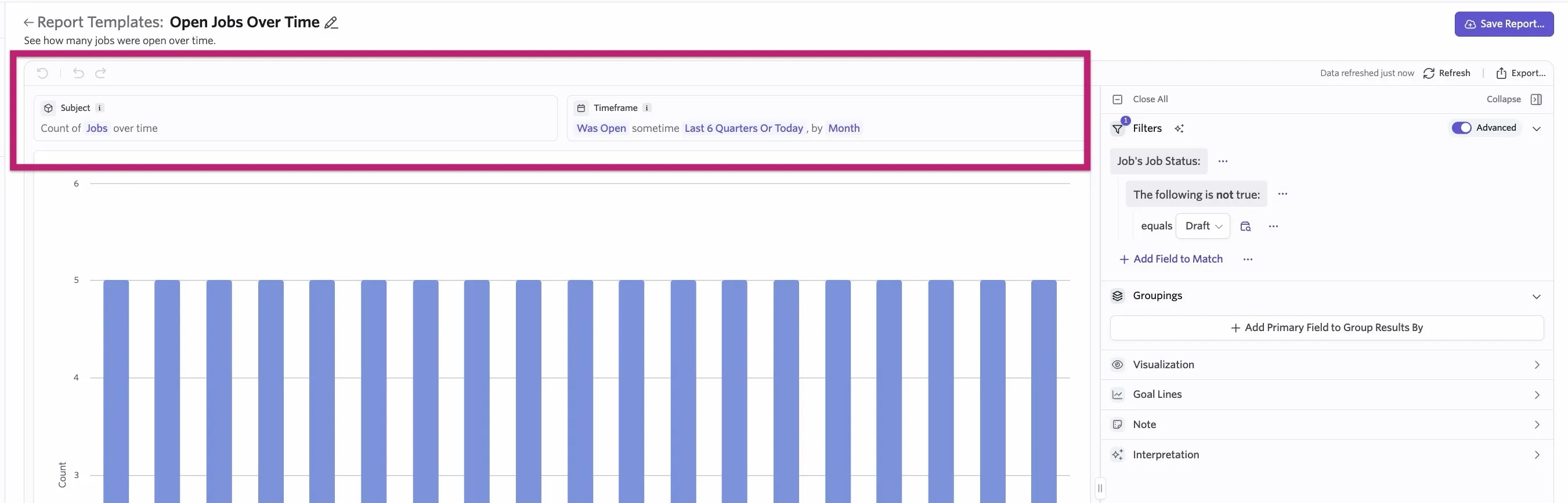 Screenshot showing the subject and timeframe options highlighted above a generated report in the Report Builder