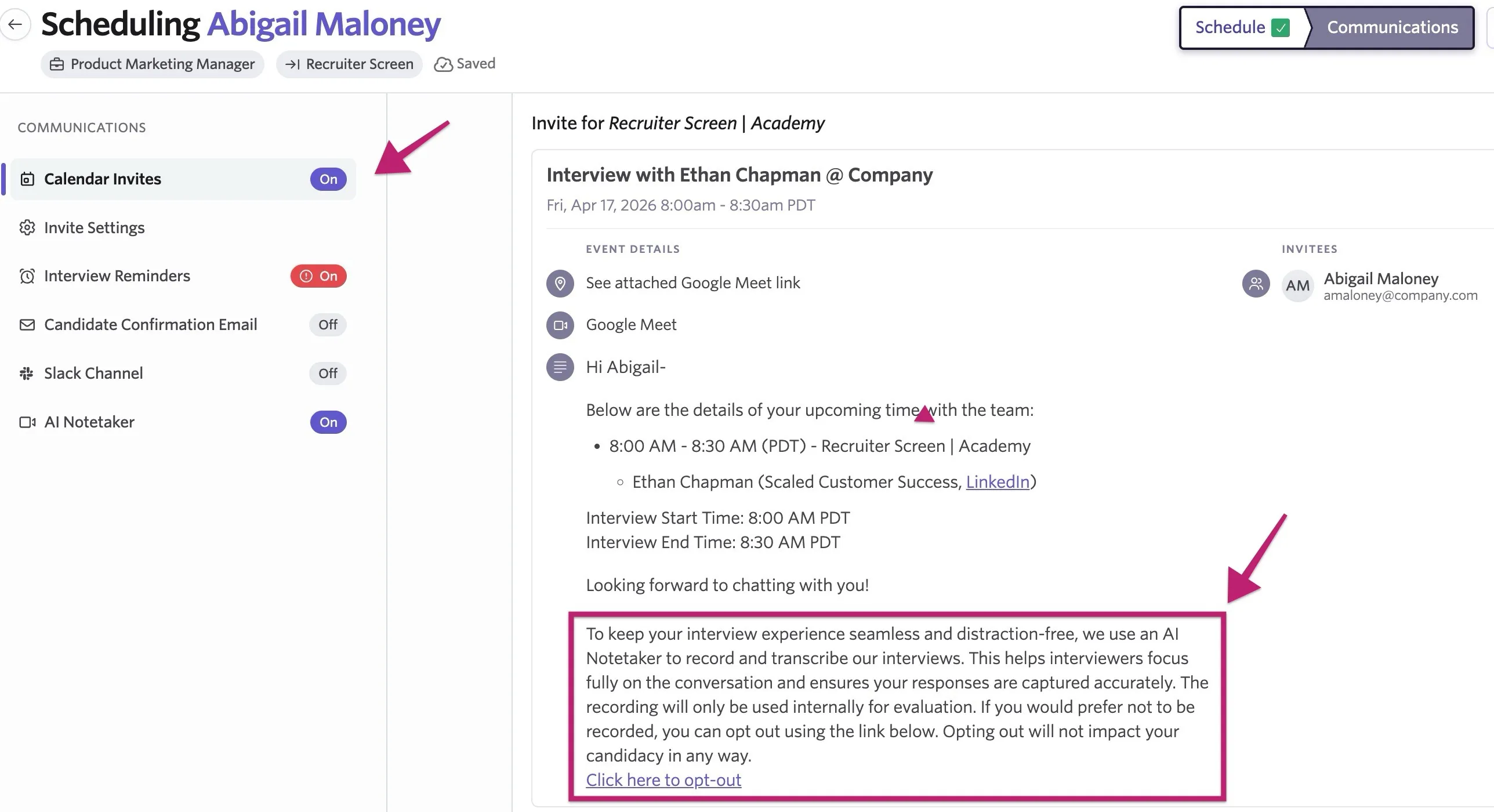 Screenshot showing a preview of a candidate calendar invite containing the recording disclosure and opt-out link.