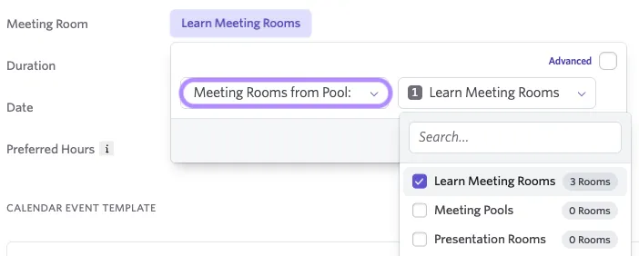 The screenshot shows a meeting pool being selected.