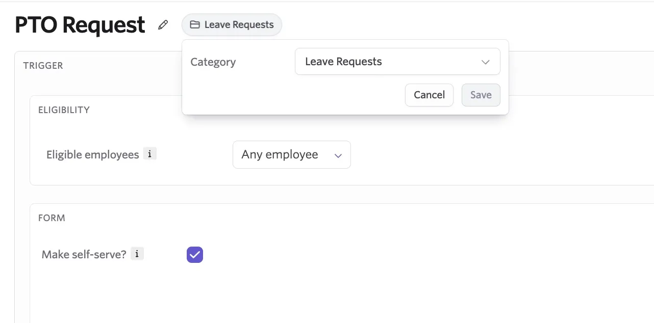 A workflow open in Edit mode with the category drop-down open.