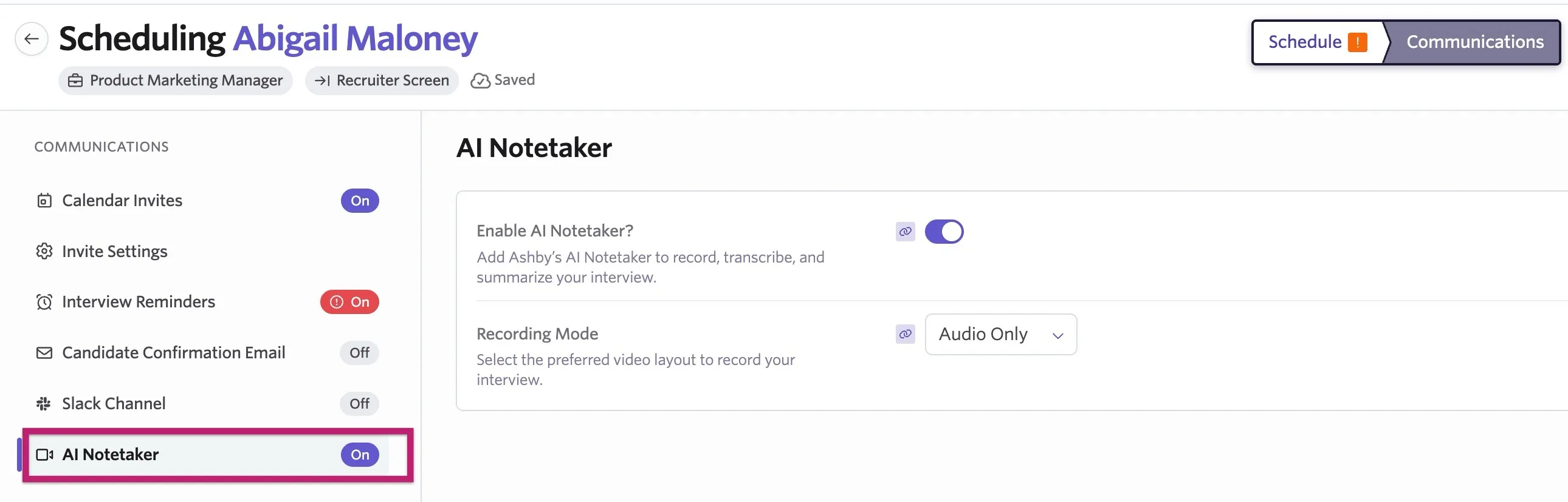 Screenshot of the AI Notetaker tab in the left-hand sidebar of the interview scheduling configuration.