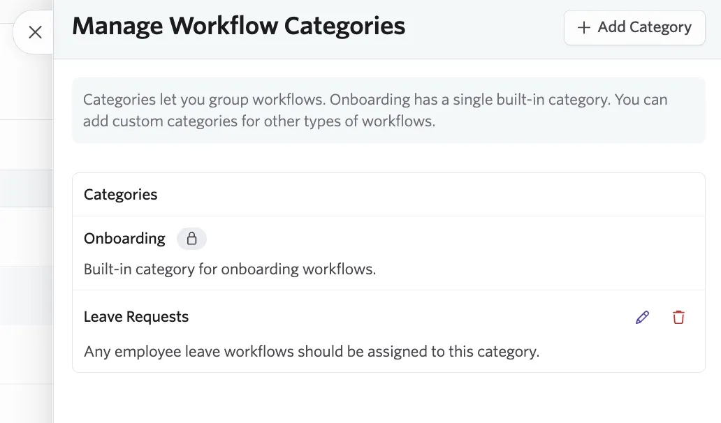 Manage Workflow Categories dialog listing the built-in Onboarding category and custom Employee Workflow categories, with edit and delete icons next to each.