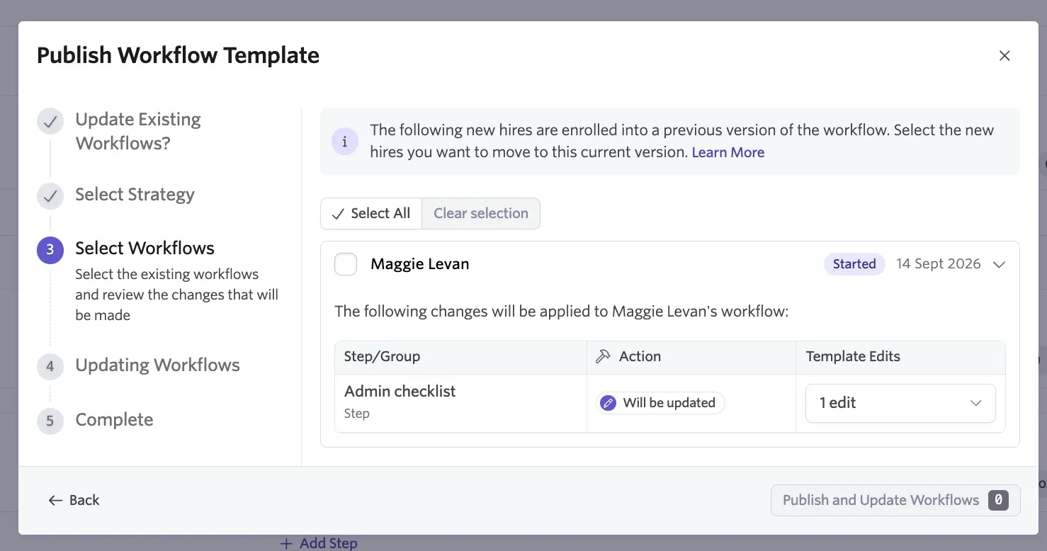 You can review and determine the workflows that should be updated in the Select Workflows stage.