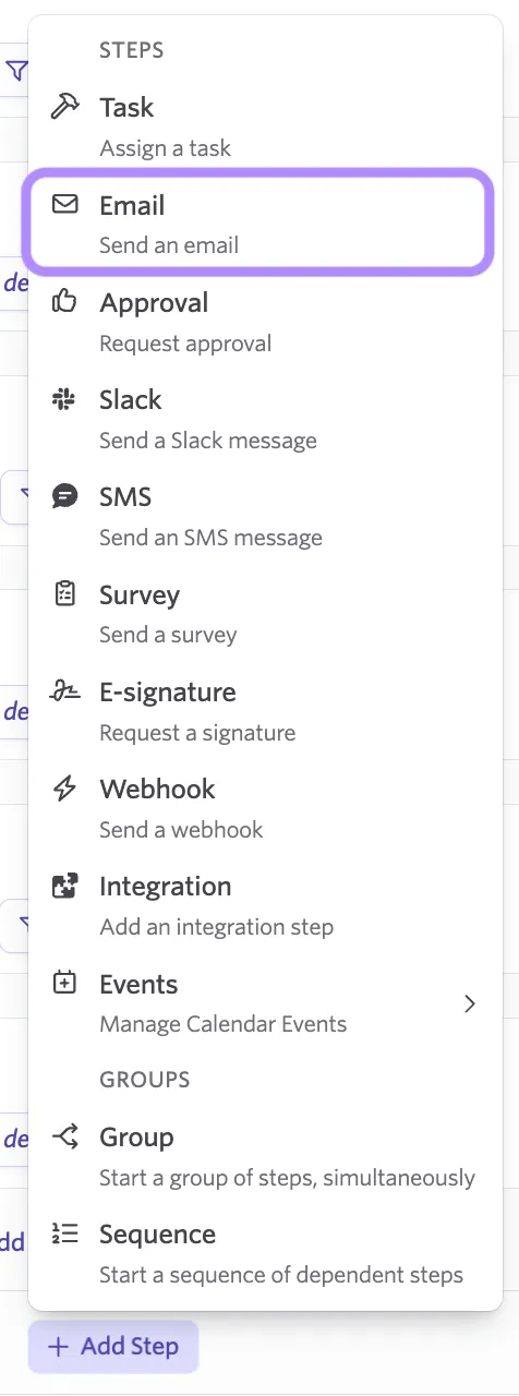 Screenshot of the workflow step picker showing the Email step option