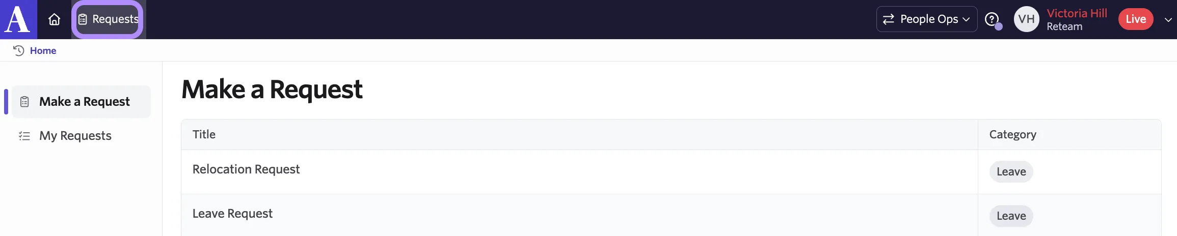 Screenshot of the Requests page in People Ops showing a list of available request types grouped by category Screenshot of the Requests page in People Ops showing a list of available request types grouped by category