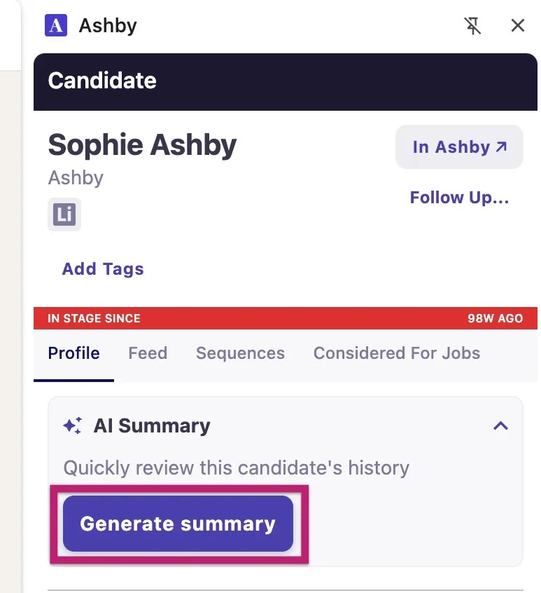 The generate summary button on the candidate's profile. The generate summary button on the candidate's profile.