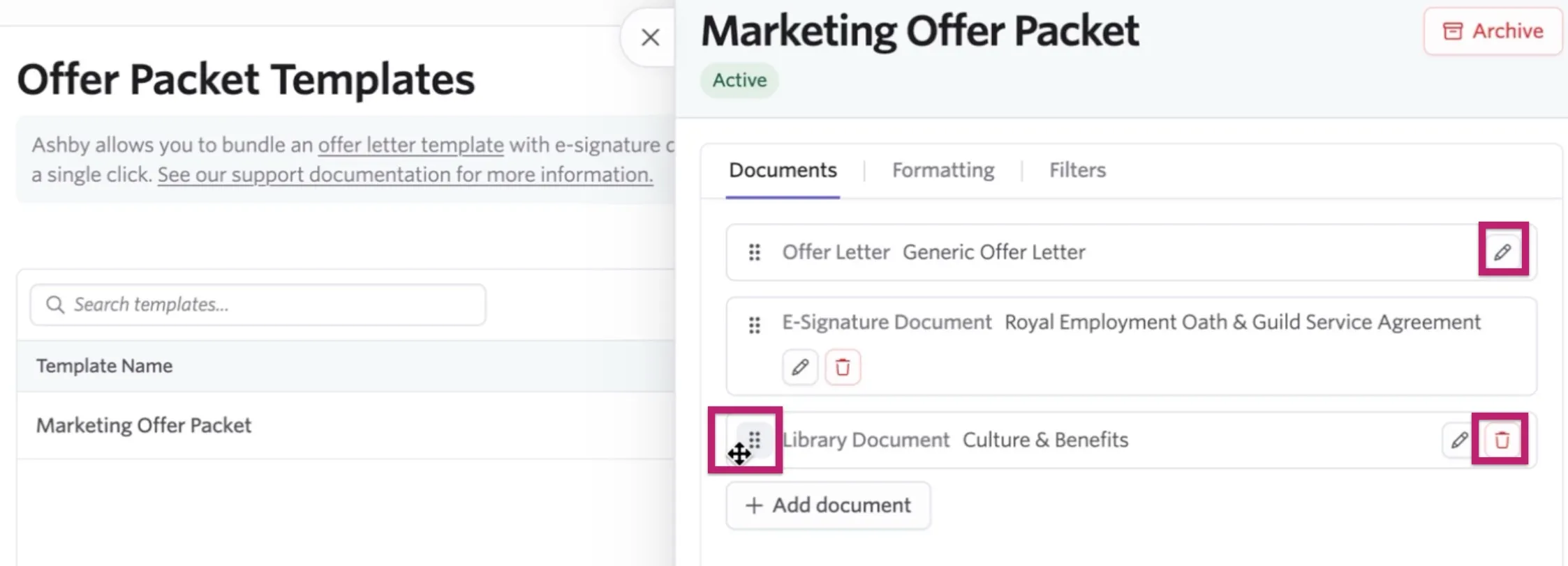Marketing Offer Packet template showing an offer letter, e-signature document, and Culture & Benefits library document, with controls highlighted for editing the offer letter, reordering documents, and deleting a document. Marketing Offer Packet template showing an offer letter, e-signature document, and Culture & Benefits library document, with controls highlighted for editing the offer letter, reordering documents, and deleting a document.