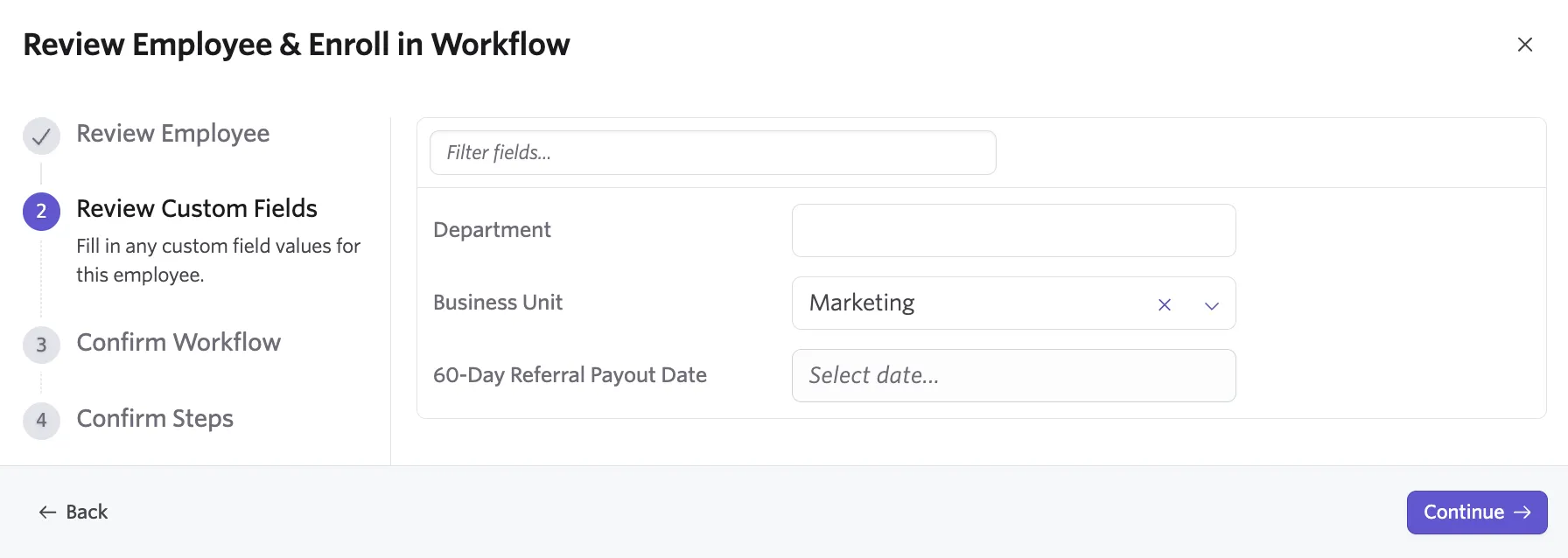 Screenshot of the supplementary Workflow Enrollment wizard on the employee custom fields step