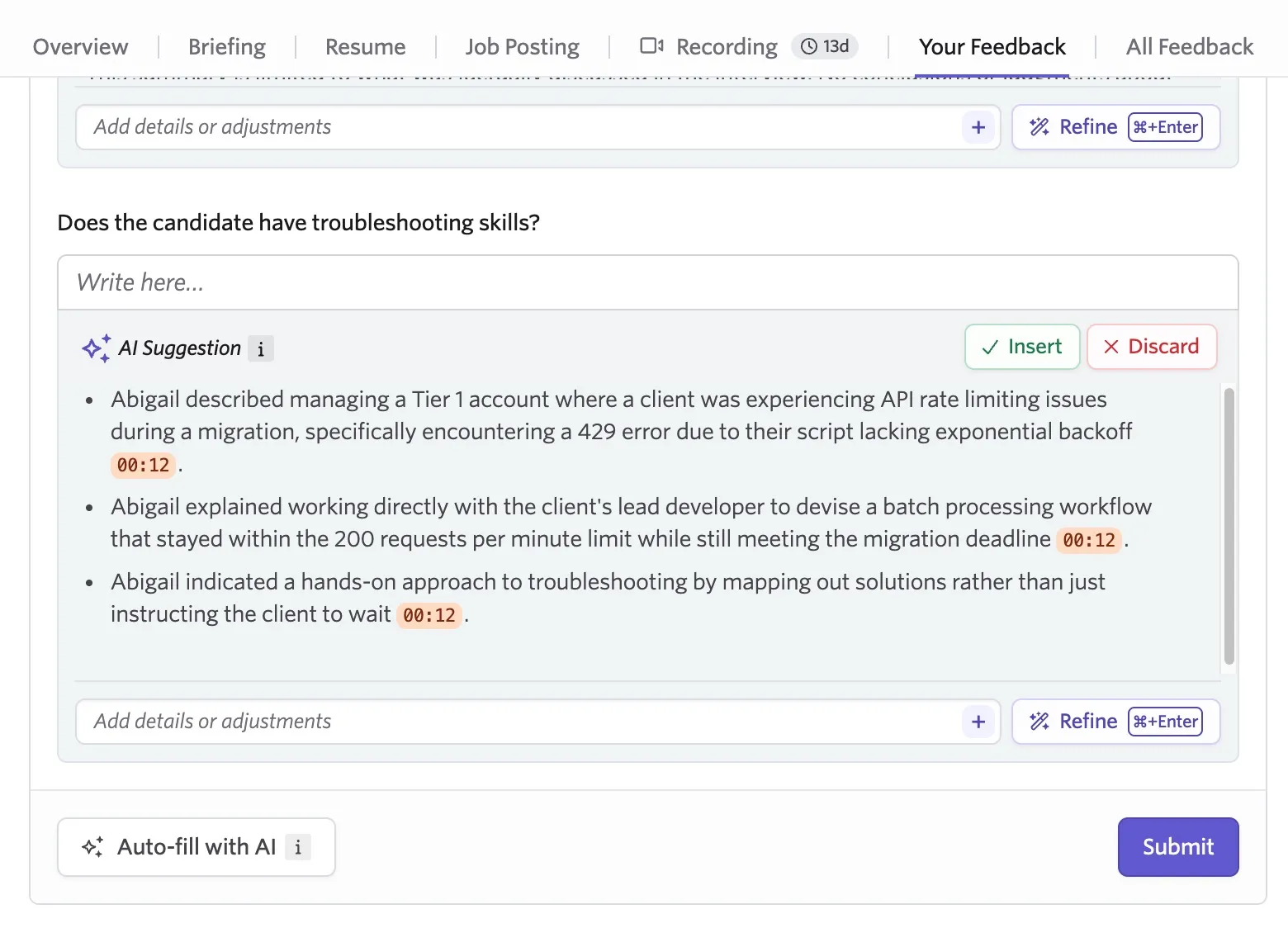 Screenshot of AI-generated suggestions displayed in the feedback form with reference timestamps from the recording.