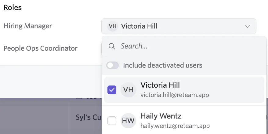 Screenshot of the role assignment step in the enrollment wizard with Hiring Manager and Recruiter fields