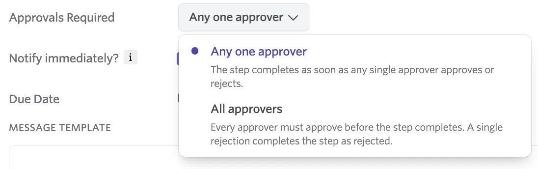 Screenshot of the Approval Mode field showing the Any one approver and All approvers options