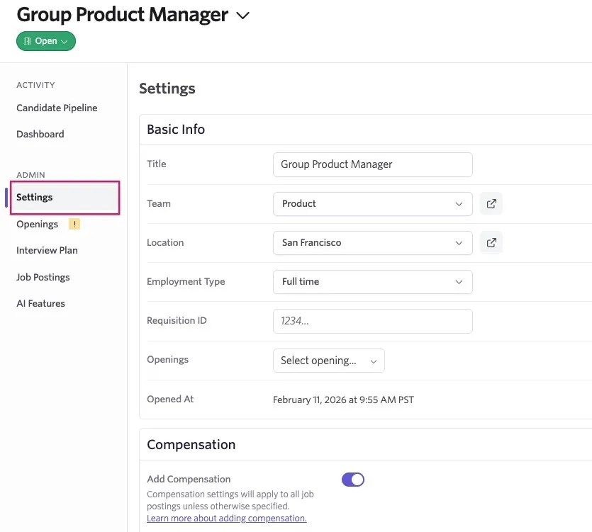 Shows the settings tab of a job and highlights where the settings tab is located.