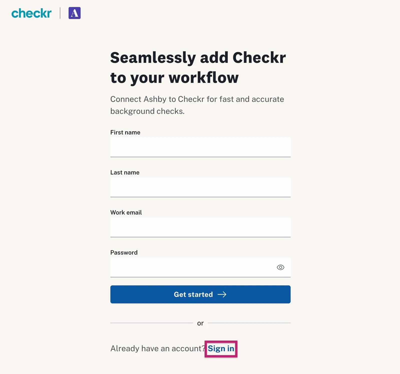 The sign in option for Checkr when configuring the integration.
