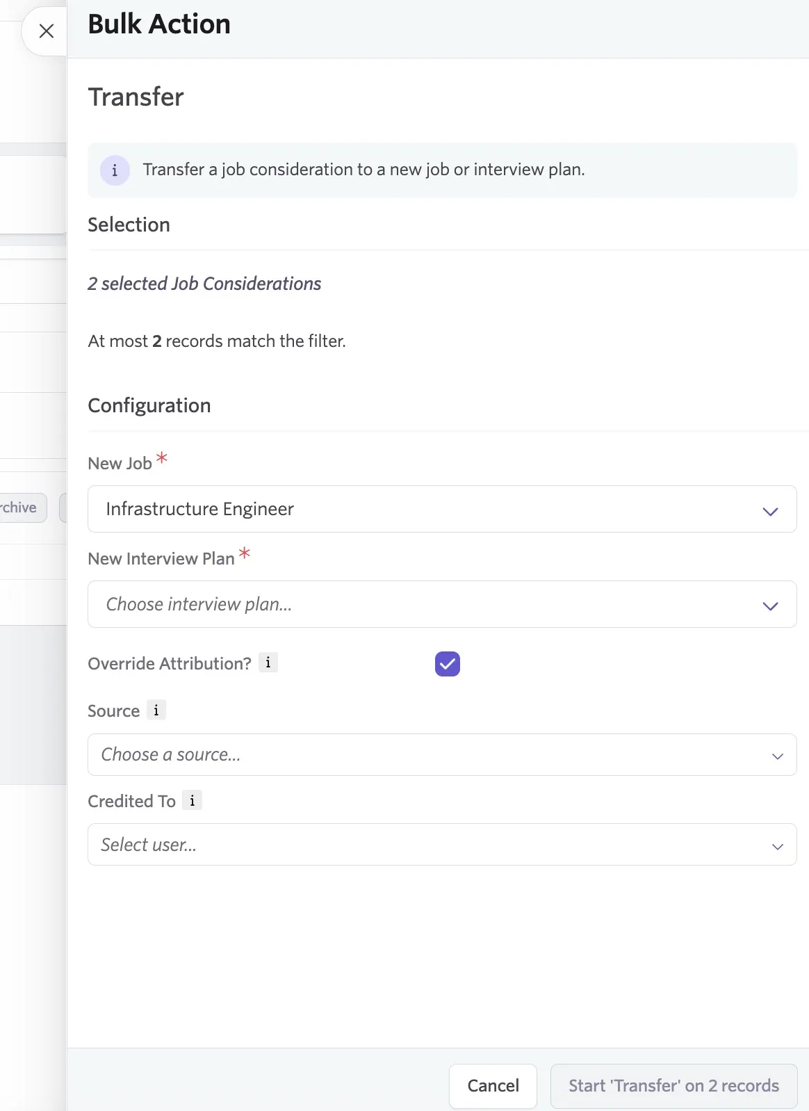 The bulk action screen for transferring multiple applications to another job or interview plan.