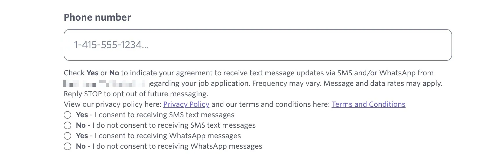 The screenshot shows the consent options for both SMS and WhatsApp messages. The screenshot shows the consent options for both SMS and WhatsApp messages.