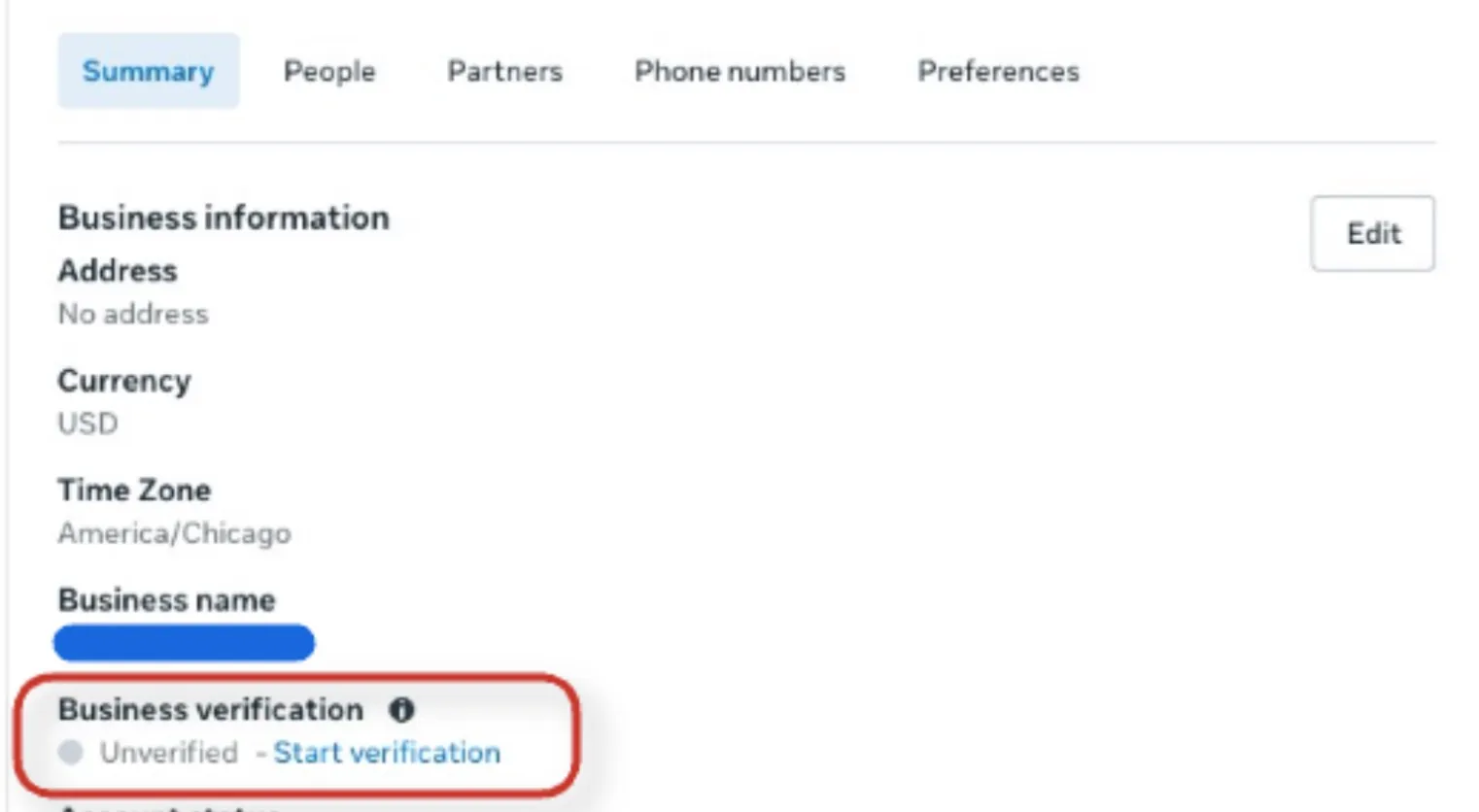 This screenshot shows the option to Start Verification within a WABA. This screenshot shows the option to Start Verification within a WABA.