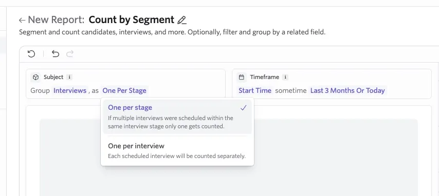 Ashby Count by Segment report with Interviews selected as the subject and a dropdown showing “One per stage” selected, with “One per interview” available as an alternative.