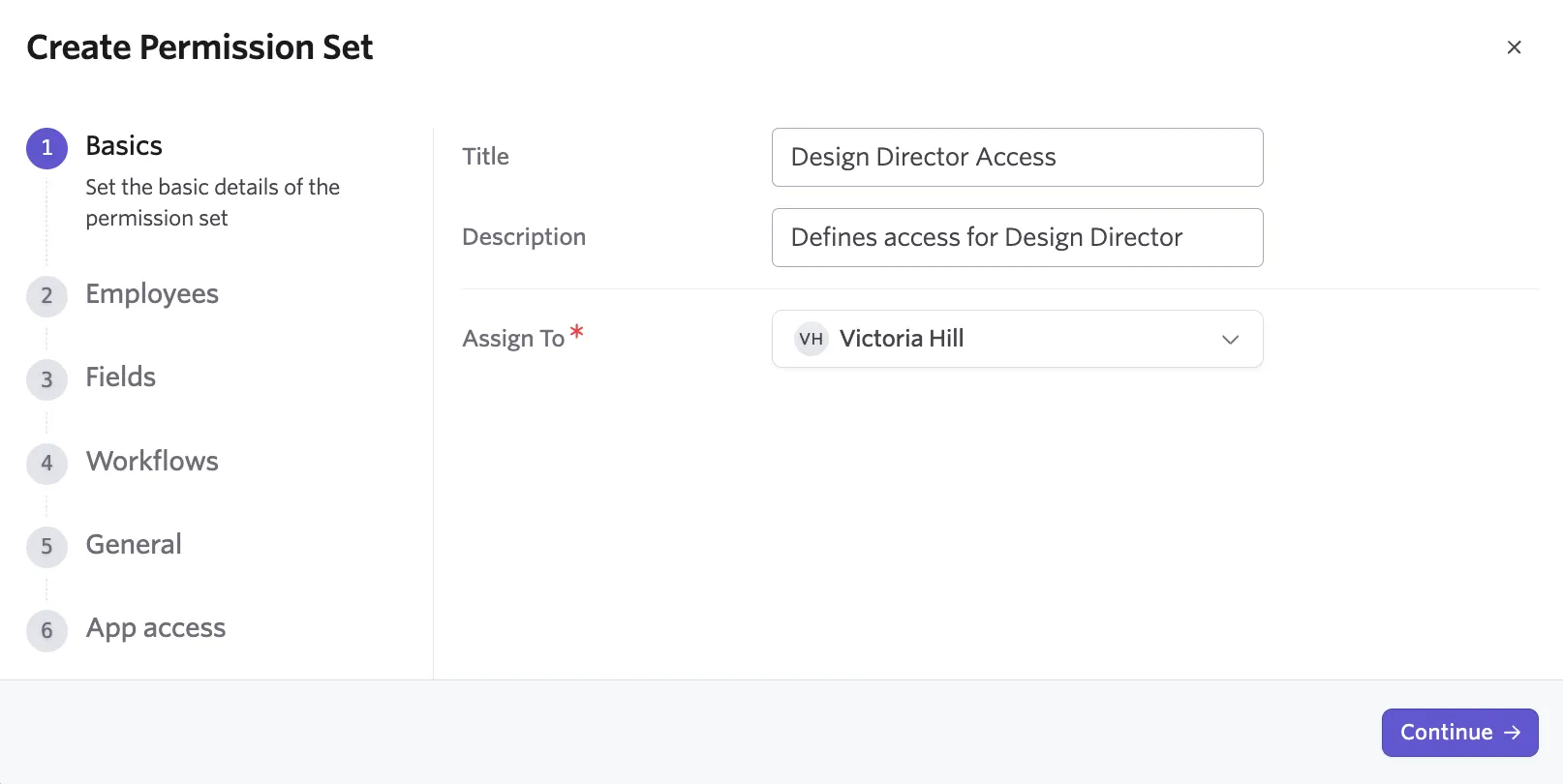 Screenshot of the Basics step in the permission set builder