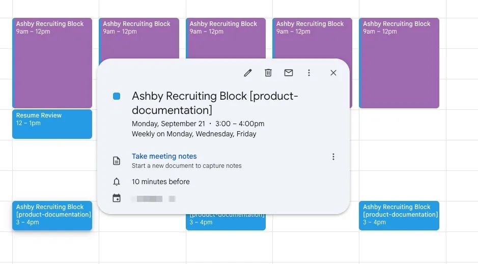 Google Calendar showing recurring Ashby Recruiting Blocks, including a schedule-specific "Ashby Recruiting Block [product-documentation]" event from 3–4 PM on Monday, Wednesday, and Friday.